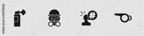 Set Pepper spray, Gas mask, Protest and Whistle icon. Vector