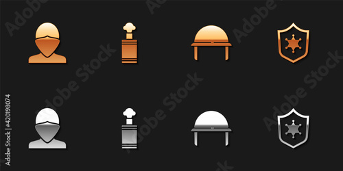 Set Vandal, Hand grenade, Military helmet and Police badge icon. Vector