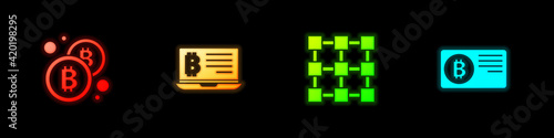 Set Bitcoin, Mining bitcoin from laptop, Blockchain technology and Credit card with icon. Vector