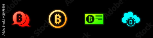 Set Bitcoin, , Credit card with bitcoin and Cryptocurrency cloud mining icon. Vector