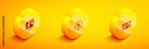 Set Isometric Cryptocurrency wallet, Bitcoin in the target and Video graphic card icon. Vector