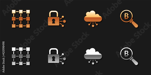Set Blockchain technology, Lock with bitcoin, Cryptocurrency cloud mining and Magnifying glass Bitcoin icon. Vector