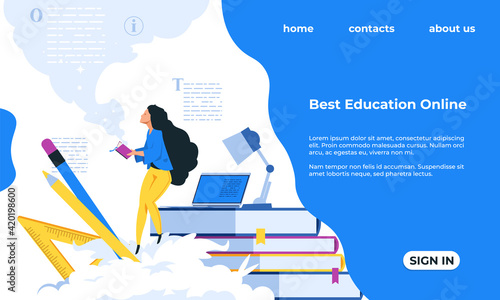 Online training landing page. Education concept. Woman reading books. Internet service for studying, web courses promotion. Website interface design with buttons. Vector UI template