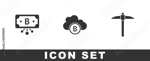 Set Bitcoin with circuit, Cryptocurrency cloud mining and Pickaxe icon. Vector