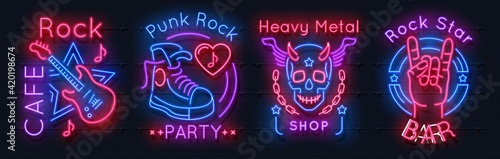 Rock music neon sign. Realistic luminous signboards. Billboards of music cafe or bar. 3D glowing banners hanging on wall. Vector night club emblem with guitar and human skull or hand