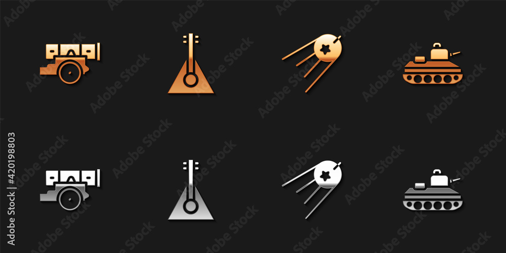 Set Cannon, Balalaika, Satellite and Military tank icon. Vector Set Cannon, Balalaika, Satellite and Military tank icon. Vector