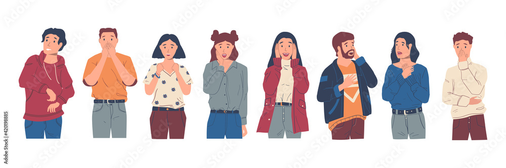 Surprised people. Excited and wondered characters with raised hands and happy faces. Young men and women feeling astonishment. Amazed persons set standing in row. Vector expression Surprised people. Excited and wondered characters with raised hands and happy faces. Young men and women feeling astonishment. Amazed persons set standing in row. Vector expression