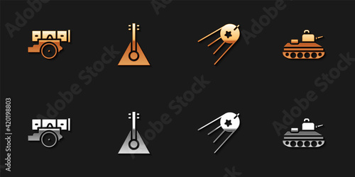 Set Cannon, Balalaika, Satellite and Military tank icon. Vector