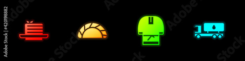 Set Medovik, Dumpling, Kosovorotka and Tanker truck icon. Vector