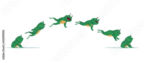 Jumping frog. Cartoon animation sequence with amphibian movement. Side view of aquatic animal jump process. Isolated moving green toad. Funny croaking creature. Vector stages of leap set