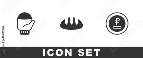 Set Christmas mitten, Bread loaf and Rouble, ruble currency icon. Vector