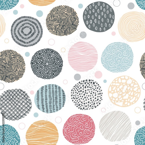 Seamless circle pattern. Doodle organic minimal shapes. Hand drawn geometric forms with decorative floral textures. Pastel background, simple textile template. Vector wallpaper design