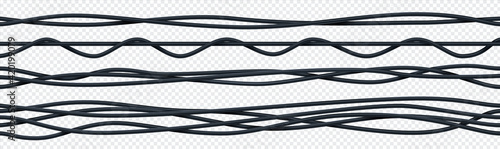 Realistic electrical cable. 3D seamless insulated electric copper wires. Curved bunch of black ropes. Intertwined wiring on transparent background. Vector electricity equipment set