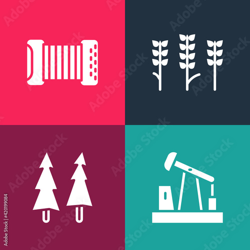 Set pop art Oil pump or pump jack, Christmas tree, Wheat and Accordion icon. Vector