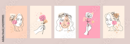 Contemporary woman vertical poster set. Minimal line art female face with flowers design fashion illustration. Vector endless line sketch outline ladies with floral decoration collection