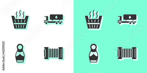 Set Accordion, Sauna bucket, Russian doll matryoshka and Tanker truck icon. Vector