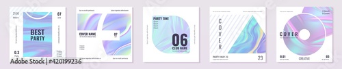 Holographic banners. Square social media post with iridescent rainbow foil texture. Neon purple and pink 90s futuristic templates. Abstract hologram cover. Vector trendy poster set