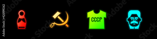 Set Russian doll matryoshka, Hammer and sickle USSR, t-shirt and Joseph Stalin icon. Vector