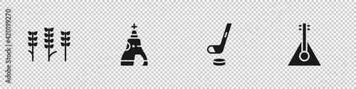 Set Wheat, The Tsar bell, Ice hockey stick and puck and Balalaika icon. Vector