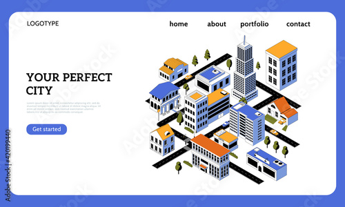 Real estate landing page. Smart city design. Construction plan of buildings. Website interface with buttons and copy space. Service for improvement of urban space. Vector UI template