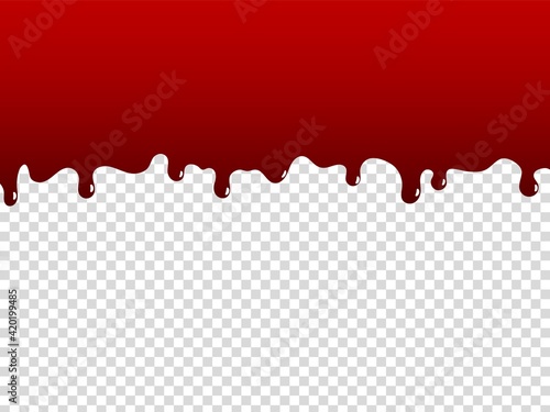 Liquid paint. Cartoon red dripping stain. Oozing bloody border on transparent background. Fluid wave, flowing blood template. Flat style horizontal melted substance. Vector scary mockup