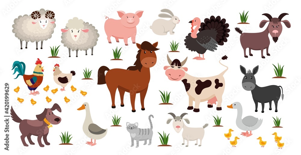 Obraz premium Farm animals. Stock raising concept. Cartoon sheep and goat, horse or cow. Domestic birds with cute chickens. Funny pets and livestock. Natural agriculture, vector rustic colorful set