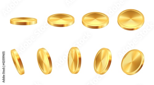 Golden coin. Realistic gold cash. 3D blank monetary signs. Money animation. Savings in precious metal. View from different angles to falling shiny metallic chip. Vector financial icons