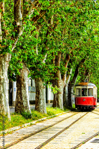 Colorful tram through the streets of Sintra, Lisbon in Spring