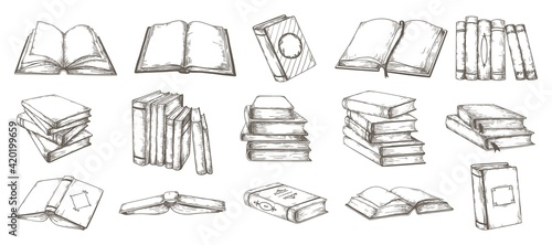Hand drawn books. Black and white pencil sketch of retro publications in hardcover. Opened or closed textbooks with ribbon bookmarks, stacks of notebooks. Vector vintage literature set