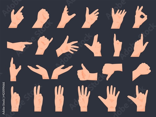 Hand gestures. Cartoon human arms, palms positions. Pointing and counting with fingers. Clenched fist or OK sign. Collection of gestural communication icons. Vector web stickers set
