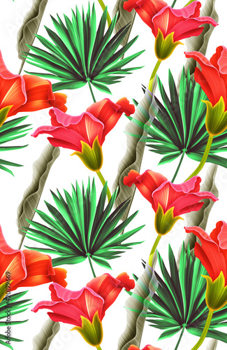 Seamless tropical flower, plant and leaf pattern background © Natalia @themishaart