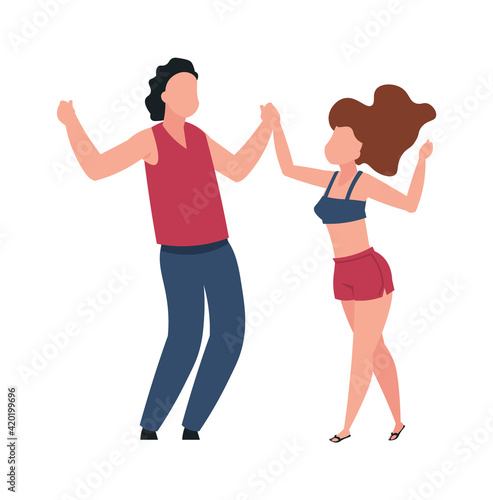 Dancing couple. Cartoon pair of dancers. Cute people moving to music at disco party or romantic date. Man and woman spend leisure time together. Musical festival, vector illustration