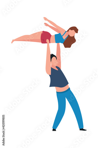 Dancing people. Cartoon couple performing choreographic element. Isolated pair of professional dancers showing trick. Man holding woman in air. Vector characters rehearsing performance
