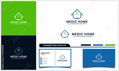 medical stethoscope with home or house symbol logo concept and business card template