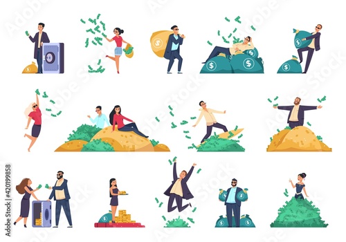 Rich people. Successful characters throwing banknotes in air. Millionaires with safes and bags full of money. Cute persons sitting on heaps of banknotes, gold bars or coins, vector set photo