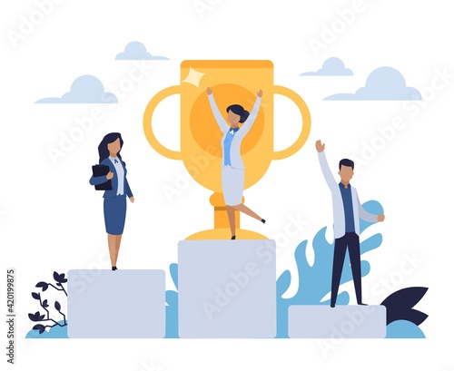 Business success. People standing on winner stepped pedestal. Leadership concept. Characters achieve victory in competition. Workers with golden cup. Vector rewarding office employees