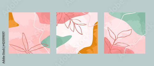 Set 3 illustration vector EPS 10 print hand draw painted abstract shapes dodles contemporary aesthetic boho mid century modern art with plant botanical gardens Scandinavian nordic design style