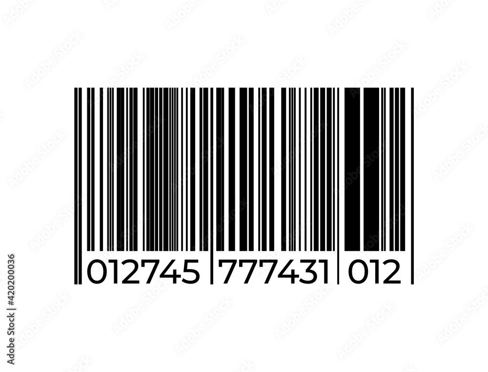Black barcode icon. Bar code sign. Product labeling, sign for scanning in supermarket. Series of vertical straight lines and numbers. Shop tag, vector identification label template Black barcode icon. Bar code sign. Product labeling, sign for scanning in supermarket. Series of vertical straight lines and numbers. Shop tag, vector identification label template