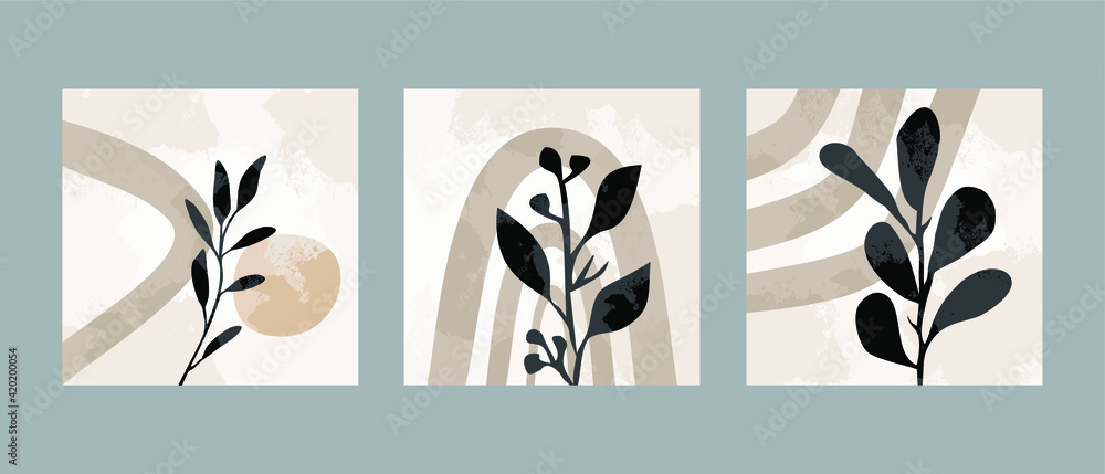 Set 3 illustration vector EPS 10 print hand draw painted abstract shapes dodles contemporary aesthetic boho mid century modern art with plant botanical gardens Scandinavian nordic design style