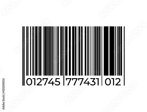 Black barcode icon. Bar code sign. Product labeling, sign for scanning in supermarket. Series of vertical straight lines and numbers. Shop tag, vector identification label template