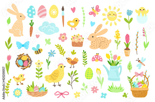 Easter spring set with cute bunnies, eggs, birds, bees, flowers, baskets, butterflies. Hand drawn elements. Vector illustration isolated on white background.