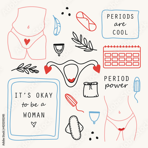 Set of hand drawn elements of women menstruation period theme, feminine hygiene products as pads, menstrual cups, etc.
