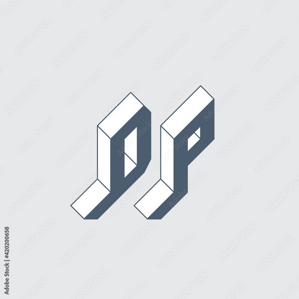 DP - 2-letter code. D and P - Monogram or logotype. Isometric 3d font for design. Three-dimension letters.