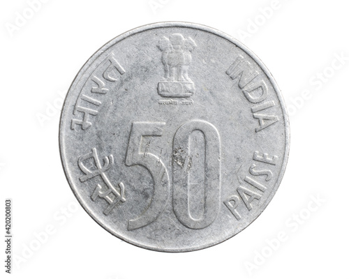 India fifty paise coin on white isolated background