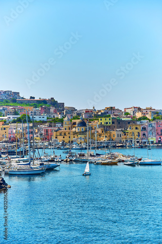 Procida island, Naples, Italy, colorful houses in Marina di Corricella
