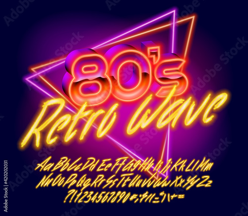 80s Retro Wave alphabet font. Hand drawing glowing letters, numbers and punctuations. Uppercase and lowercase. Retro-futuristic vector typescript for your typography design.