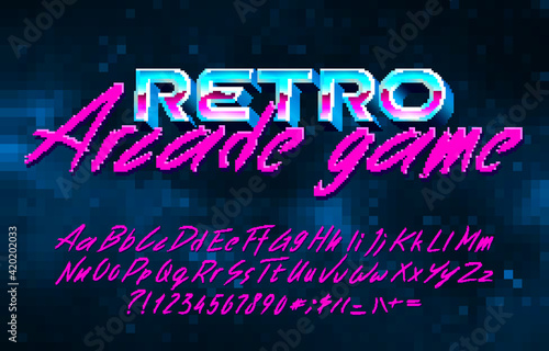 Retro Arcade Game alphabet font. Pixel script letters, numbers and punctuations. Pixel background. 80s arcade video game typescript.