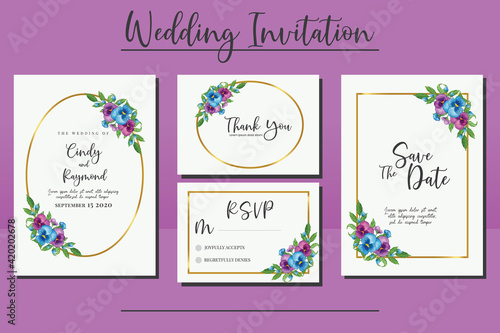 Wedding invitation frame set, floral watercolor hand drawn Pansy Flower design Invitation Card Template