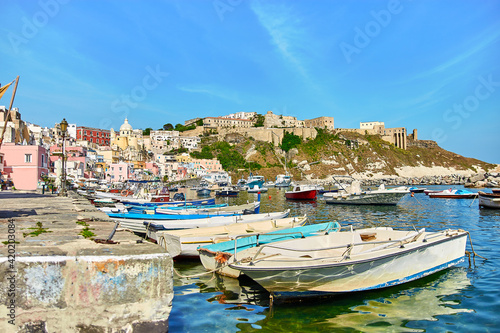 Fototapeta Naklejka Na Ścianę i Meble -  Small boats in port on a Bay of Procida island, Naples, Italy
