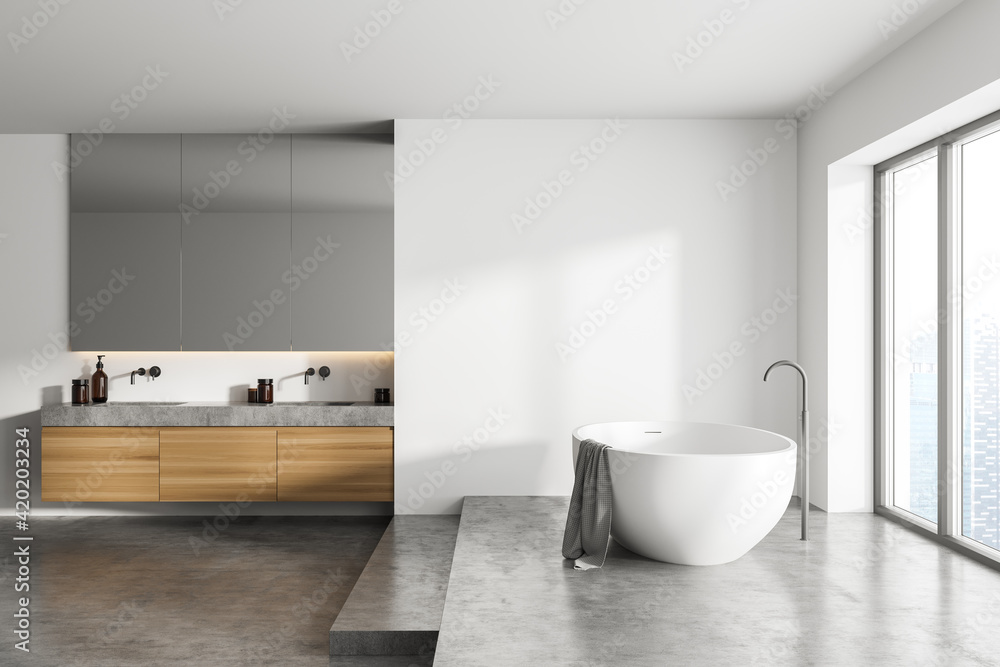 White bathroom interior and sinks with mirror and window White bathroom interior and sinks with mirror and window